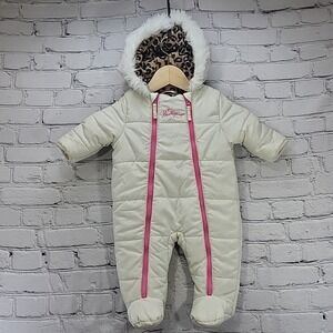 Weatherproof Snowsuit Baby Girls Sz 3-6mos White Pink Cheetah Lined Flaw